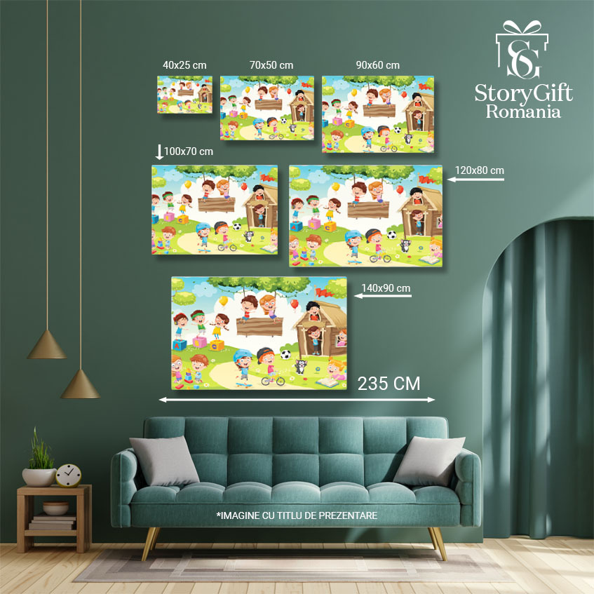 Tablou Canvas Gradinita de Copii Imbracati in Haine Colorate se Joaca in Aer Liber in Cabana din Padure 40x25CM [4]