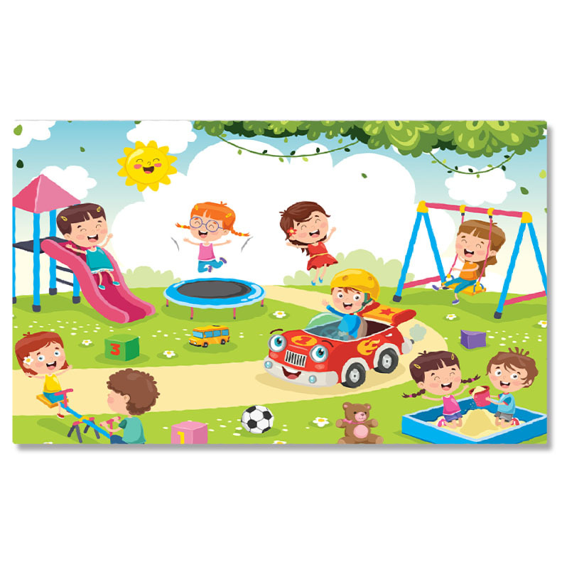 Diverse - Tablou Canvas Activitate in Parc, Topogan Trambulina Balansoar Leagan si Nisip , Baiat in Masina Rosie 40x25CM