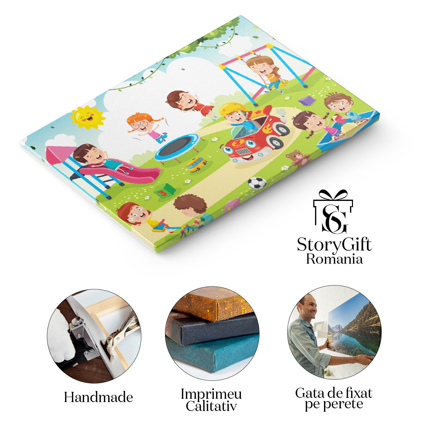 Tablou Canvas Activitate in Parc, Topogan Trambulina Balansoar Leagan si Nisip , Baiat in Masina Rosie 40x25CM [1]