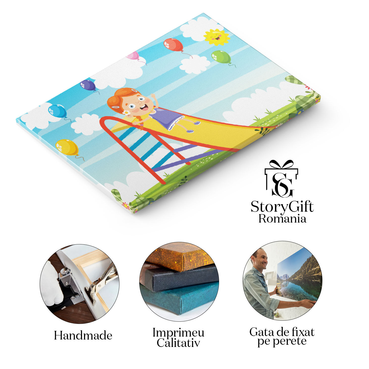 Tablou Canvas Fetita cu Ochii Albastri in Rochie Mov cu Pantofiori Aluneca pe Topoganul Portocaliu cu Baloane 40x25CM [1]