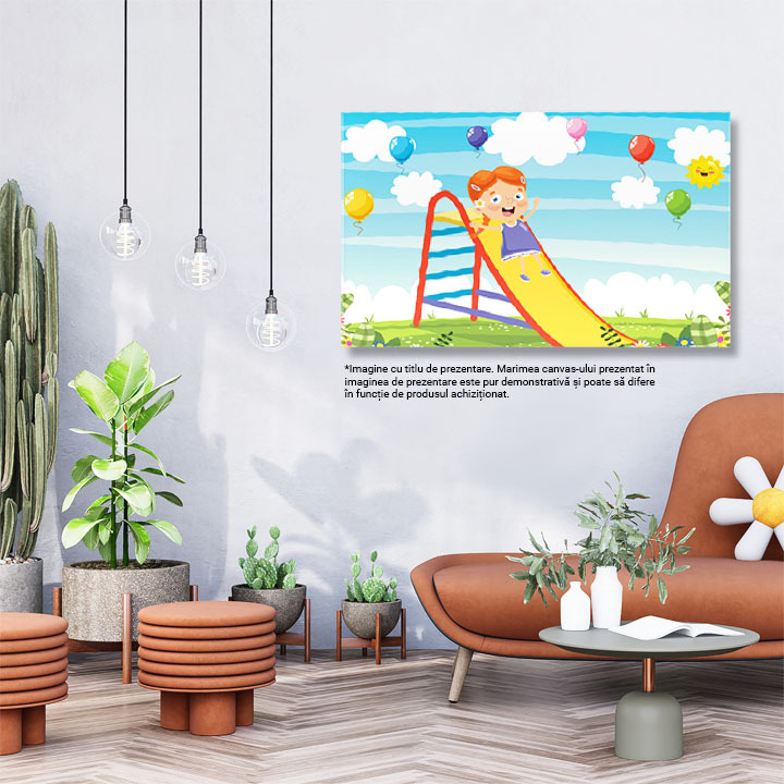 Tablou Canvas Fetita cu Ochii Albastri in Rochie Mov cu Pantofiori Aluneca pe Topoganul Portocaliu cu Baloane 40x25CM [2]