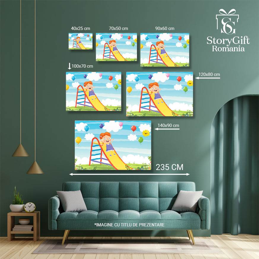 Tablou Canvas Fetita cu Ochii Albastri in Rochie Mov cu Pantofiori Aluneca pe Topoganul Portocaliu cu Baloane 40x25CM [4]