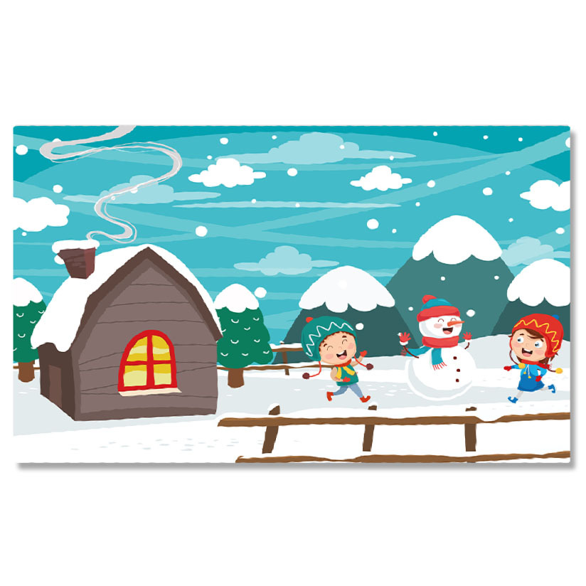 Diverse - Tablou Canvas Omul de Zapada cu Fes si Fular in Curtea de langa Casa cu Fereastra Rosie si Lumina 40x25CM