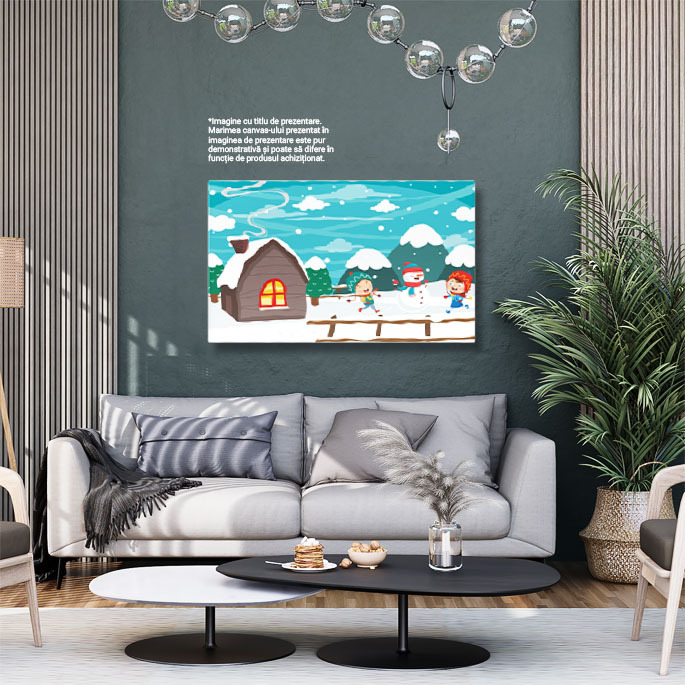 Tablou Canvas Omul de Zapada cu Fes si Fular in Curtea de langa Casa cu Fereastra Rosie si Lumina 40x25CM [2]