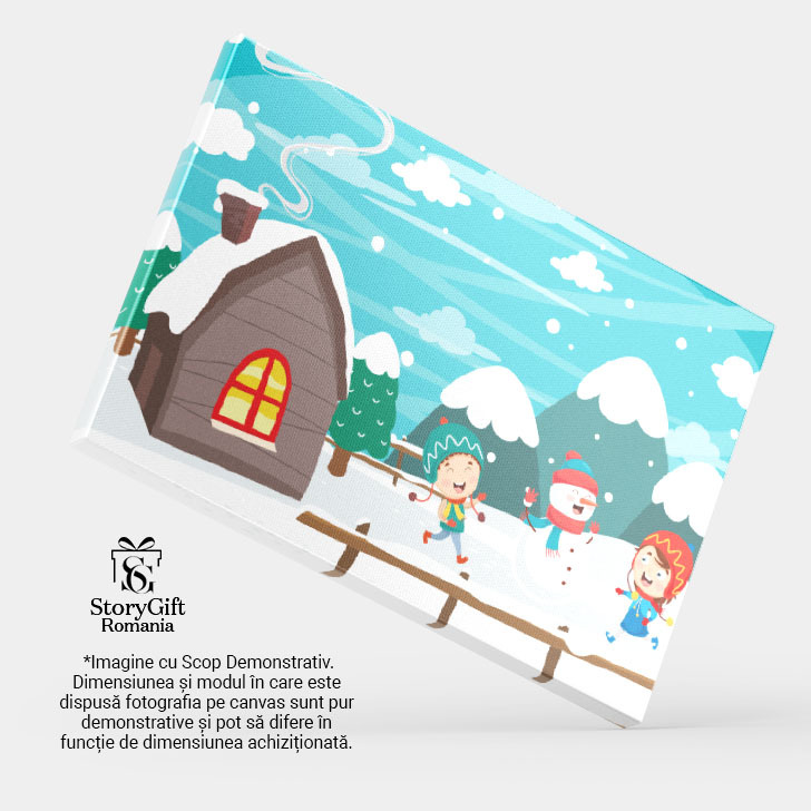 Tablou Canvas Omul de Zapada cu Fes si Fular in Curtea de langa Casa cu Fereastra Rosie si Lumina 40x25CM [3]