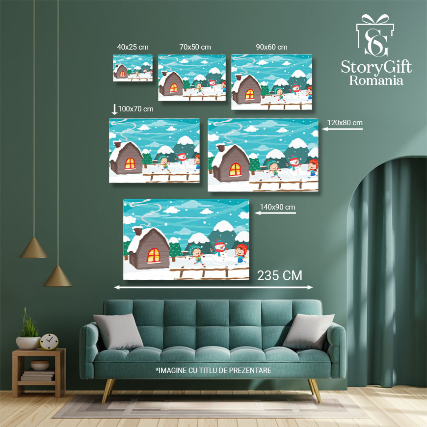 Tablou Canvas Omul de Zapada cu Fes si Fular in Curtea de langa Casa cu Fereastra Rosie si Lumina 40x25CM [4]