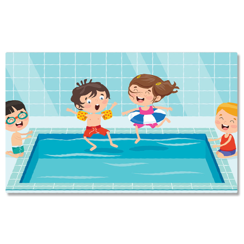 Diverse - Tablou Canvas Piscina Copiilor Entuziasmati care se Joaca in Apa si Fac Sarituri cu Aripioare de Inot si Colac 40x25CM