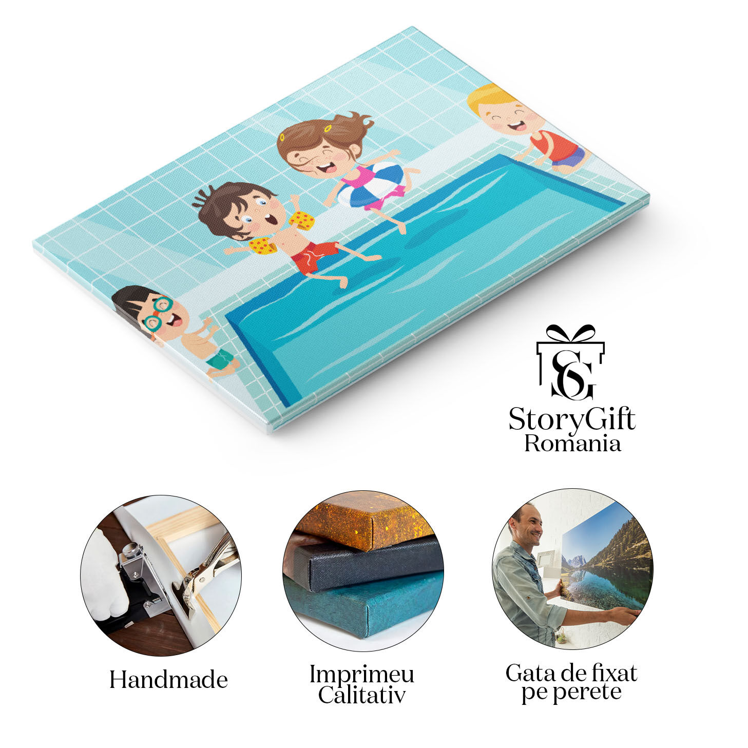 Tablou Canvas Piscina Copiilor Entuziasmati care se Joaca in Apa si Fac Sarituri cu Aripioare de Inot si Colac 40x25CM [1]