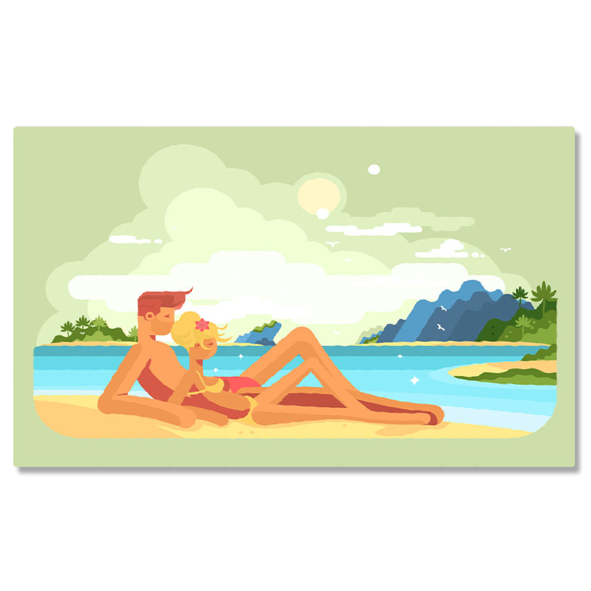 Plajă - Tablou Canvas Fata Blonda si un Baiat care se Bronzeaza pe Nisipul Curat de langa Marea Albastra Senina 40x25CM