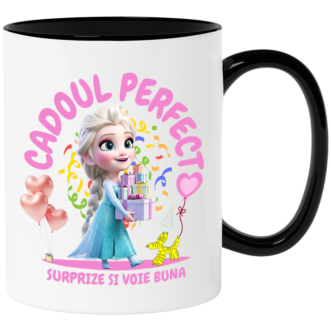 Căni - Cana Cu Elsa Aniversare - Cadou cu Inima de Gheata Ceramica, 330ML, cu Maner Negru