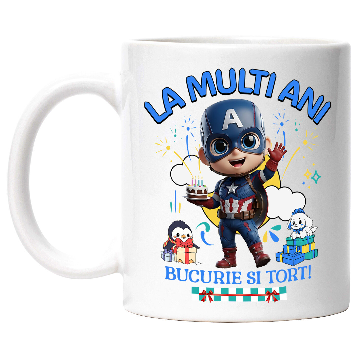 Aniversare - Cana Cu Petrecere cu Captain America – Forta si Distractie Ceramica, 330ML, cu Maner Alb