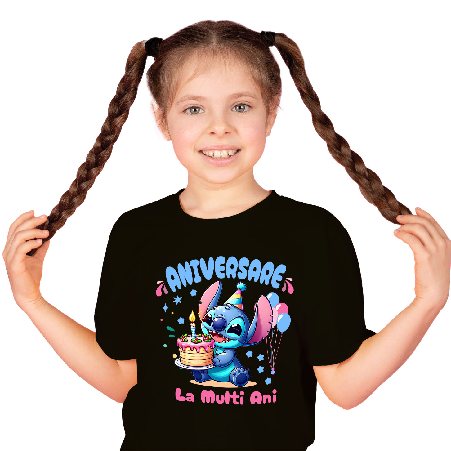 Aniversare - Tricou Copii cu Stitch Party – Cadouri si Surprize de Ziua Ta 100% Bumbac, Negru, 12 Ani