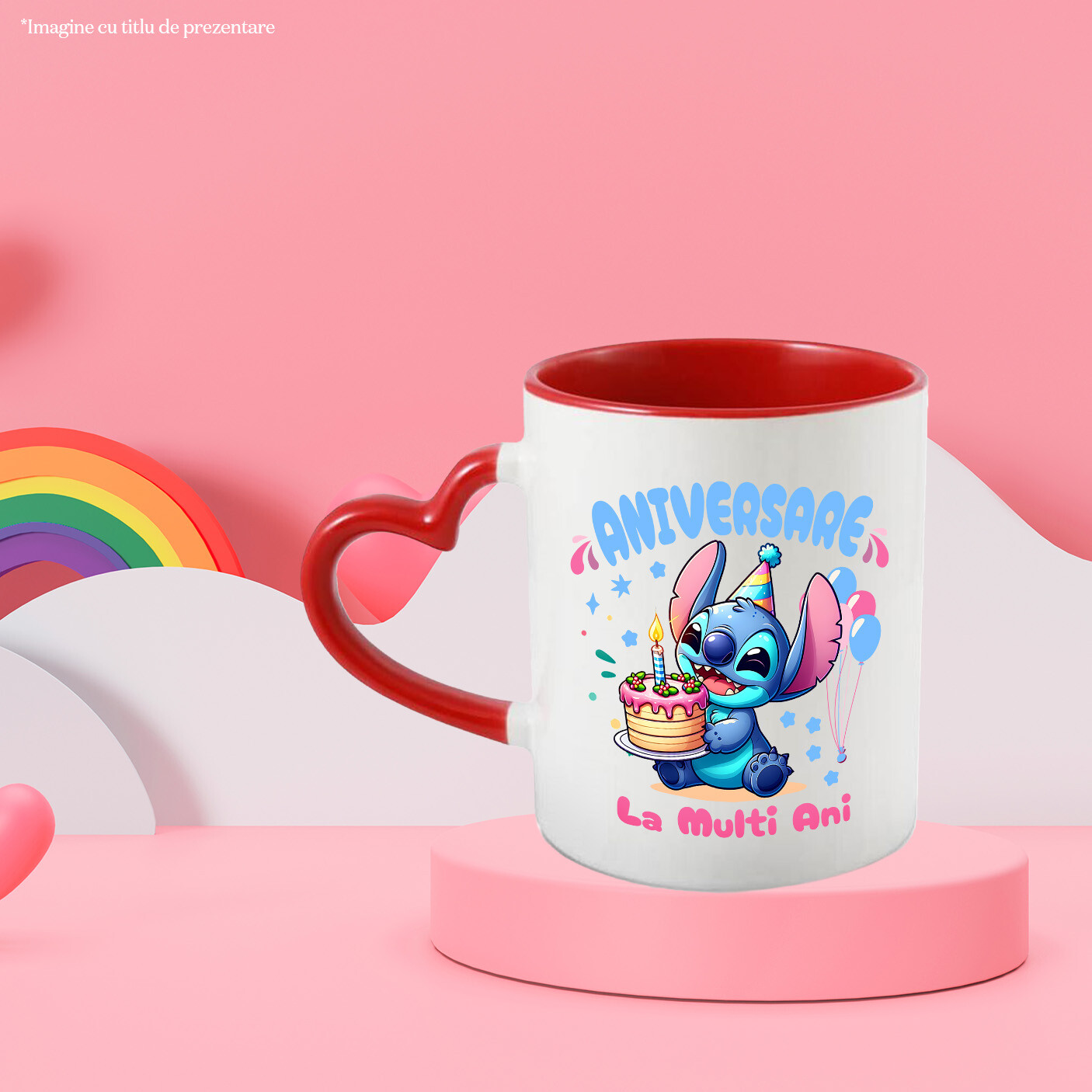 Cana Cu Stitch Party – Cadouri si Surprize de Ziua Ta Ceramica, 330ML, cu Maner Inima Rosie [2]
