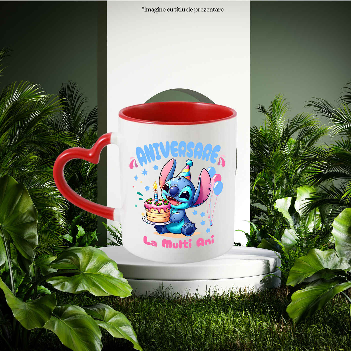 Cana Cu Stitch Party – Cadouri si Surprize de Ziua Ta Ceramica, 330ML, cu Maner Inima Rosie [1]