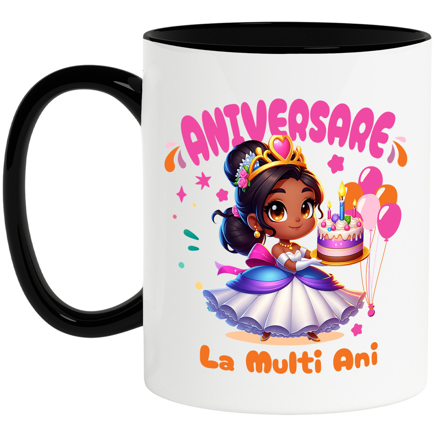 Aniversare - Cana Cu Cadouri Jasmine – Bucurie si Magie la Aniversare Ceramica, 330ML, cu Maner Negru
