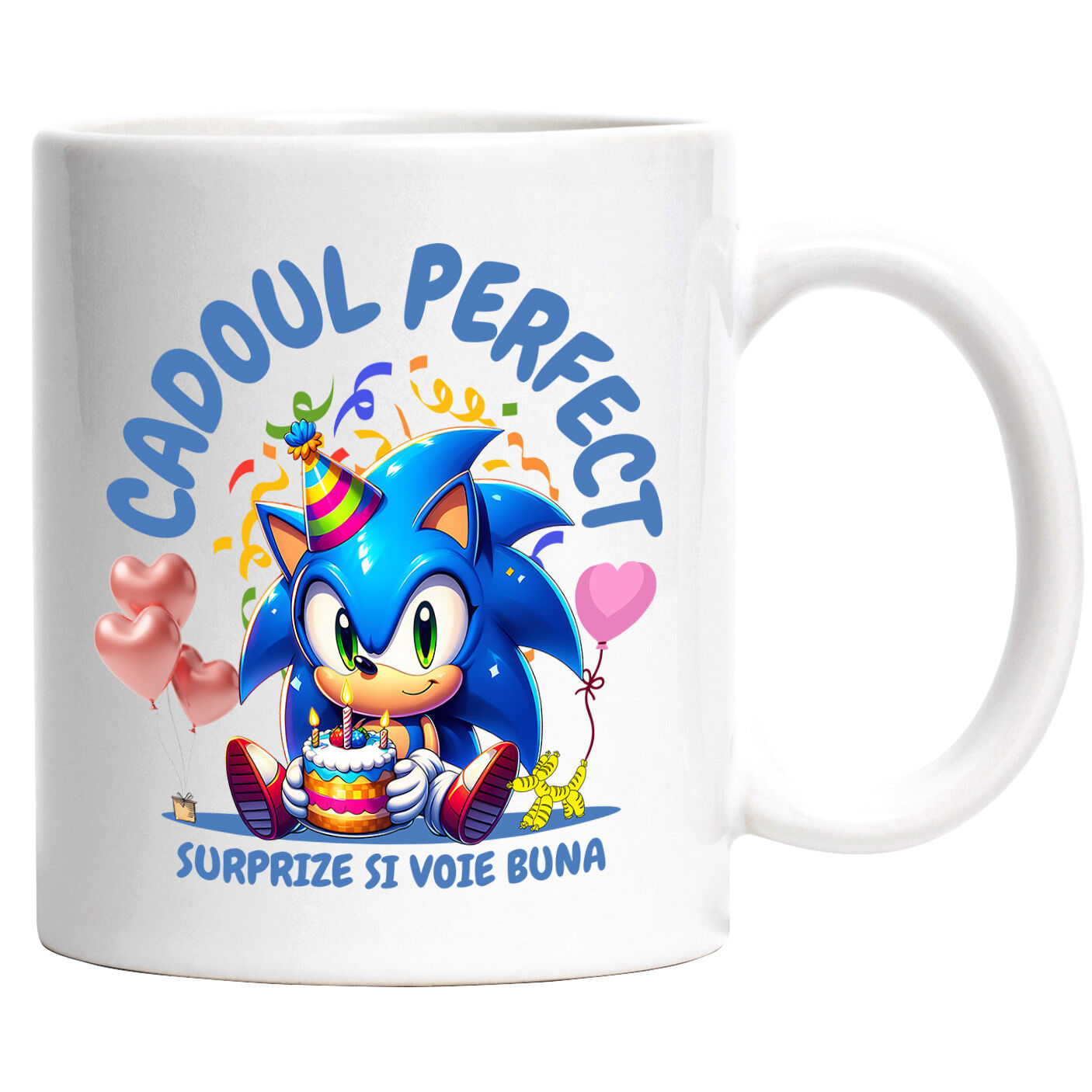 Aniversare - Cana Cu Sonic – Bucurie, Tort si Cadou Special Ceramica, 330ML, cu Maner Alb