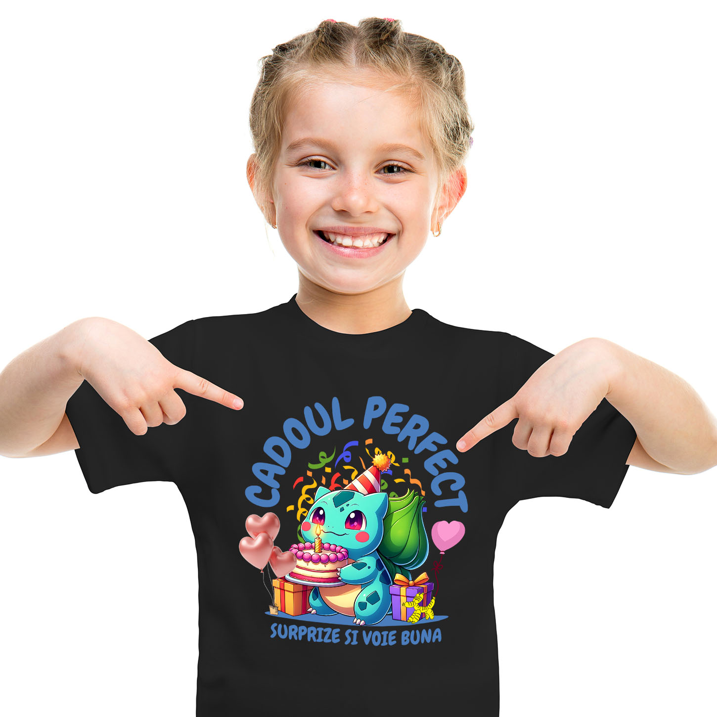 Aniversare - Tricou Copii cu Cadou Bulbasaur – Tort si Bucurie pentru Ziua de Nastere 100% Bumbac, Negru, 10 Ani