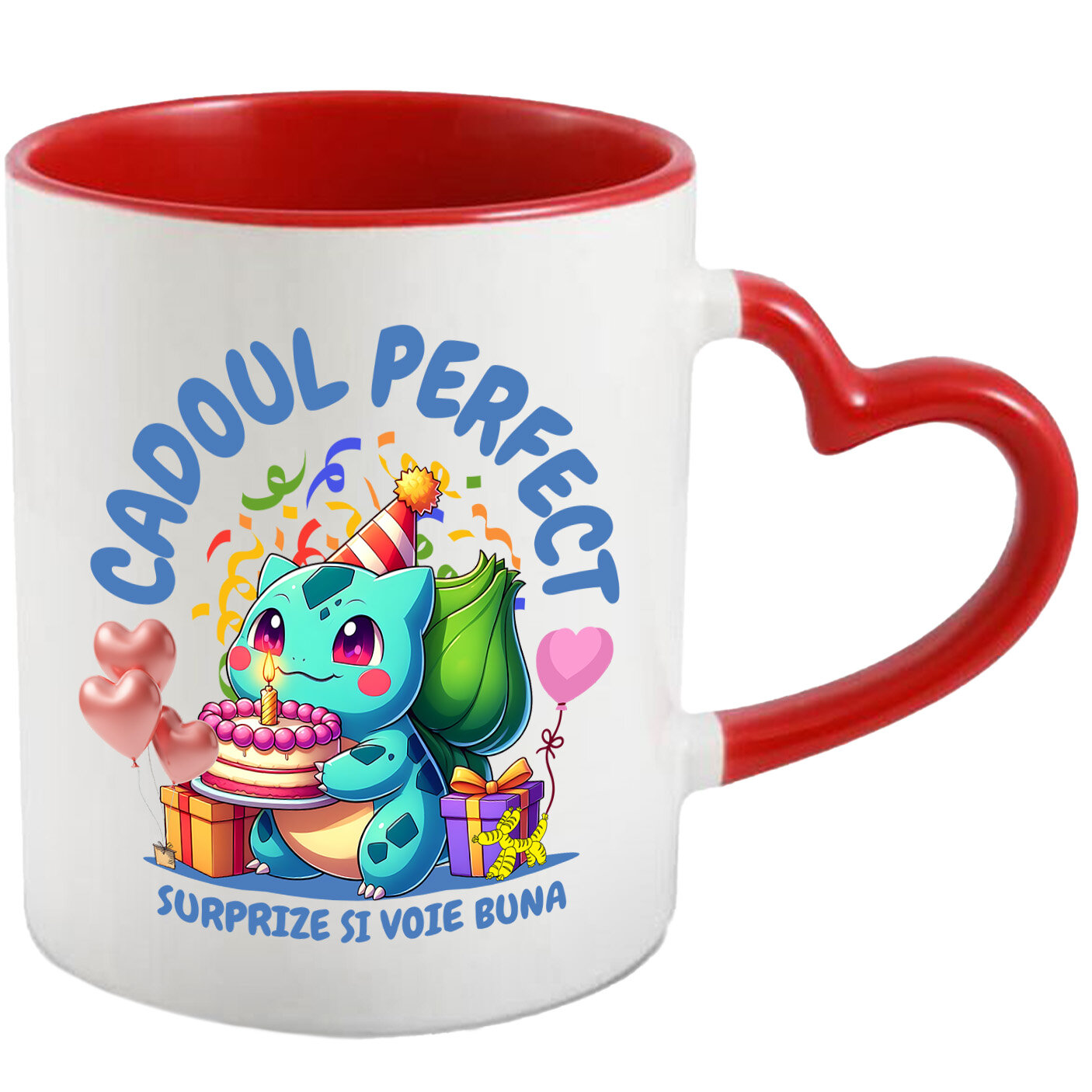 Aniversare - Cana Cu Cadou Bulbasaur – Tort si Bucurie pentru Ziua de Nastere Ceramica, 330ML, cu Maner Inima Rosie