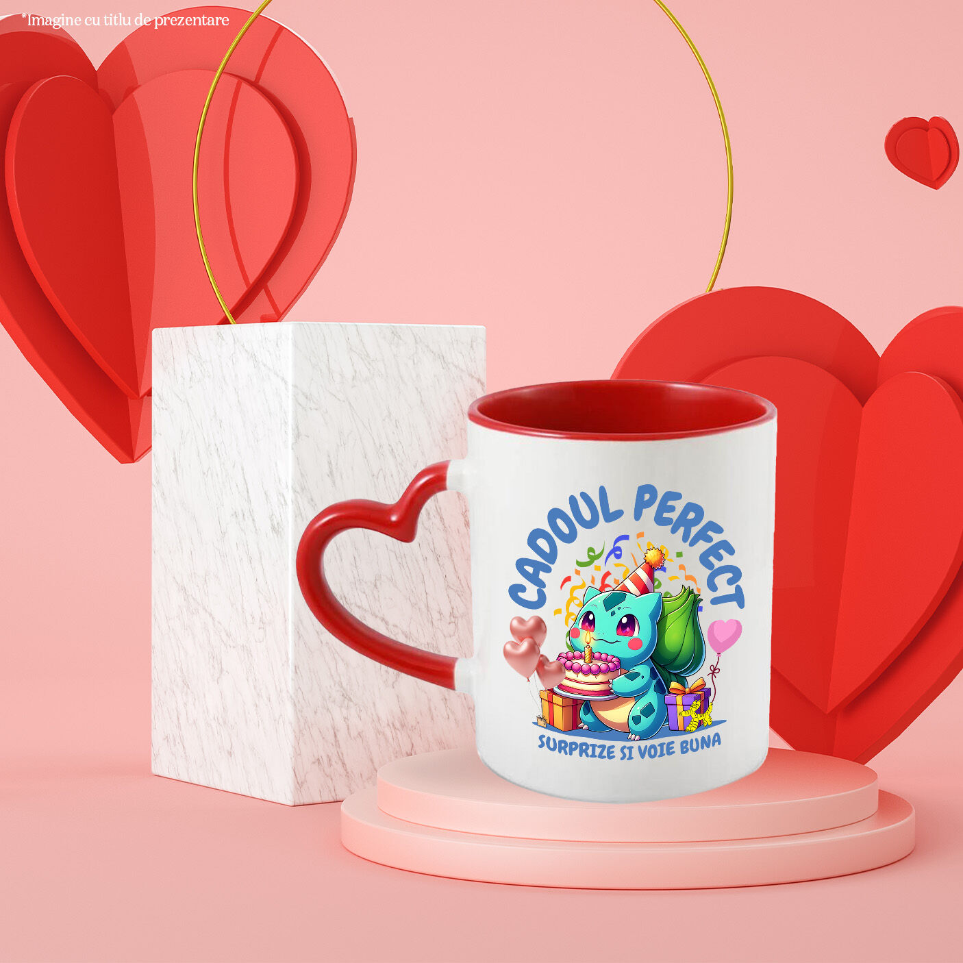 Cana Cu Cadou Bulbasaur – Tort si Bucurie pentru Ziua de Nastere Ceramica, 330ML, cu Maner Inima Rosie [2]