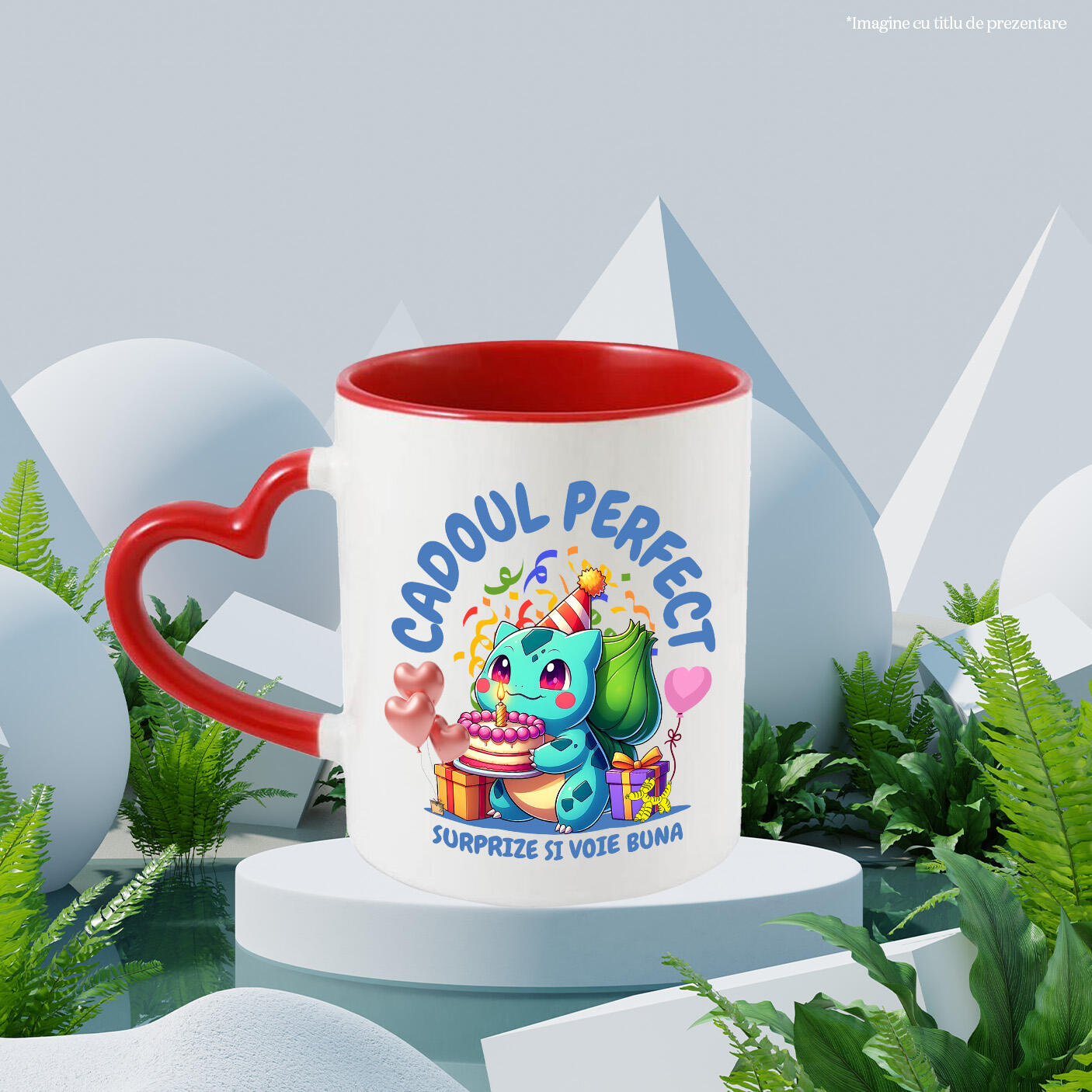 Cana Cu Cadou Bulbasaur – Tort si Bucurie pentru Ziua de Nastere Ceramica, 330ML, cu Maner Inima Rosie [1]