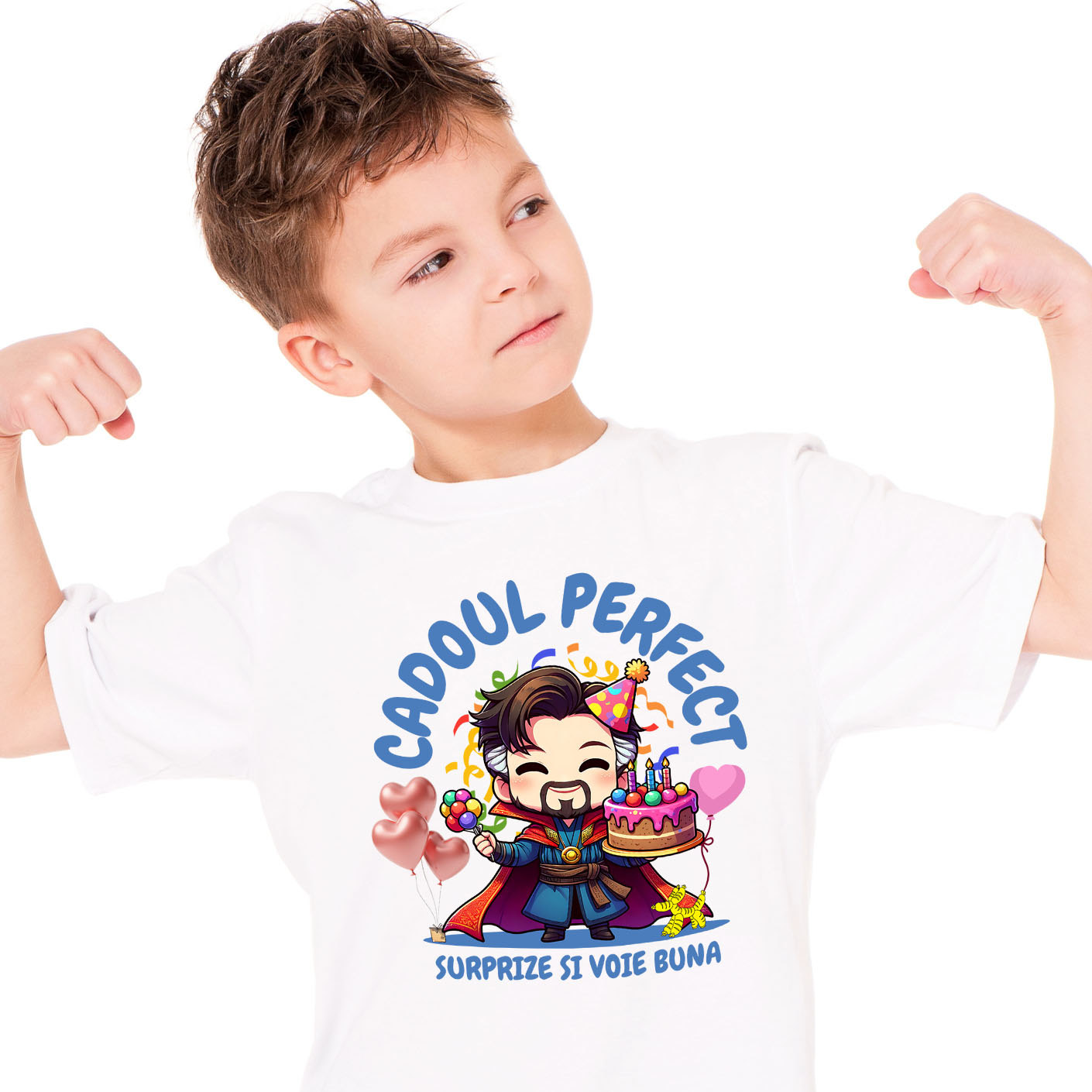 Aniversare - Tricou Copii cu Cadou si Tort Doctor Strange – Bucurie la Aniversare 100% Bumbac, Alb, 10 Ani