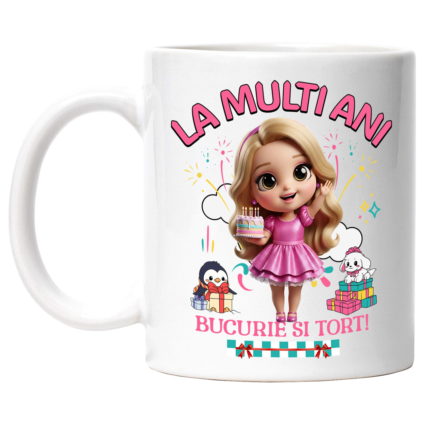 Aniversare - Cana Cu Cadouri Printesa pentru Copii – Tort si Magie Ceramica, 330ML, cu Maner Alb
