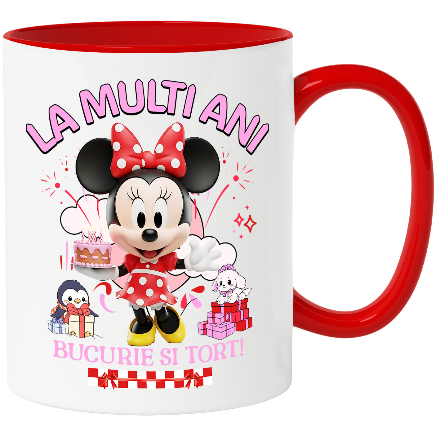 Aniversare - Cana Cu Minnie Mouse – Cadouri si Tort pentru Micile Printese Ceramica, 330ML, cu Maner Rosu
