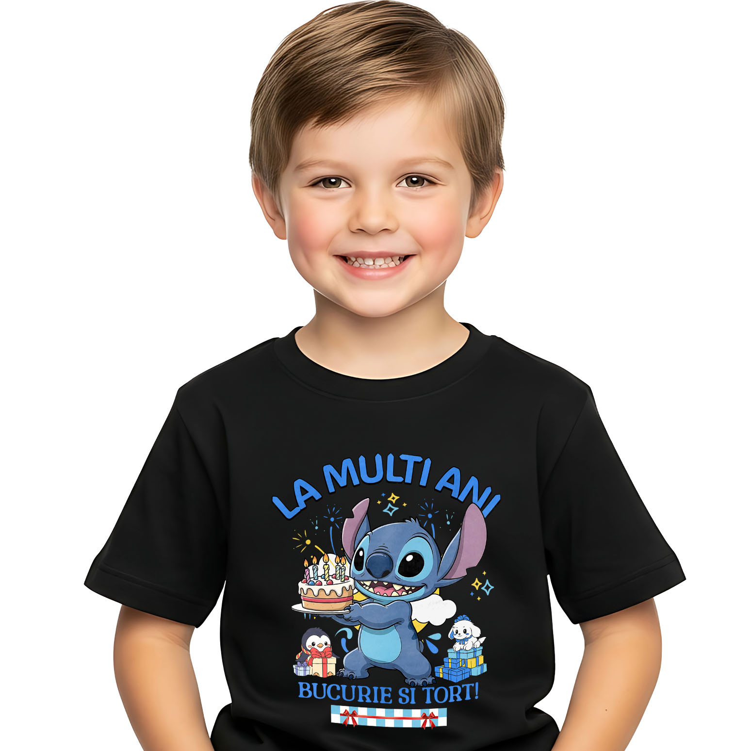 Aniversare - Tricou Copii cu Sarbatoreste cu Stitch – Cadouri si Tort pentru Copii 100% Bumbac, Negru, 10 Ani