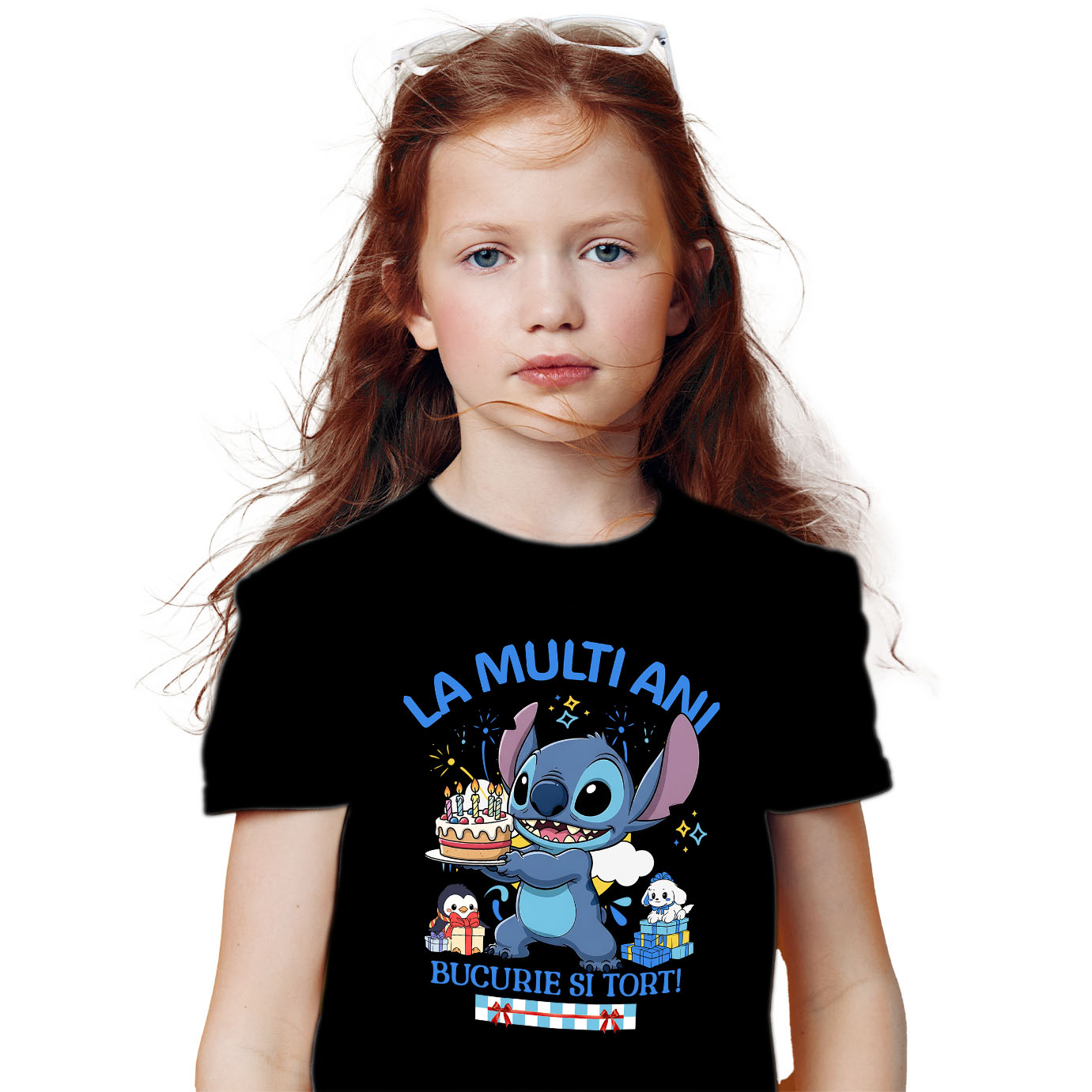 Tricou Copii cu Sarbatoreste cu Stitch – Cadouri si Tort pentru Copii 100% Bumbac, Negru, 10 Ani [1]