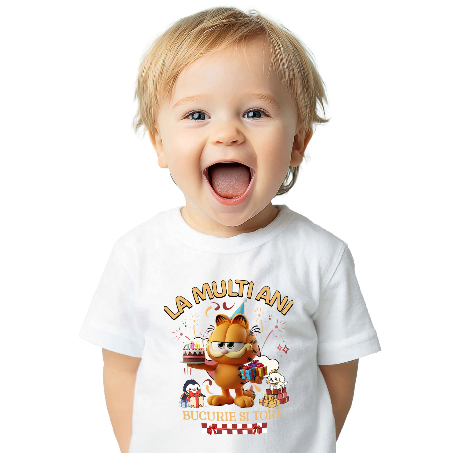Aniversare - Tricou Copii cu Sarbatorește cu Garfield – Cadouri și Tort pentru Copii 100% Bumbac, Alb, 12 Ani