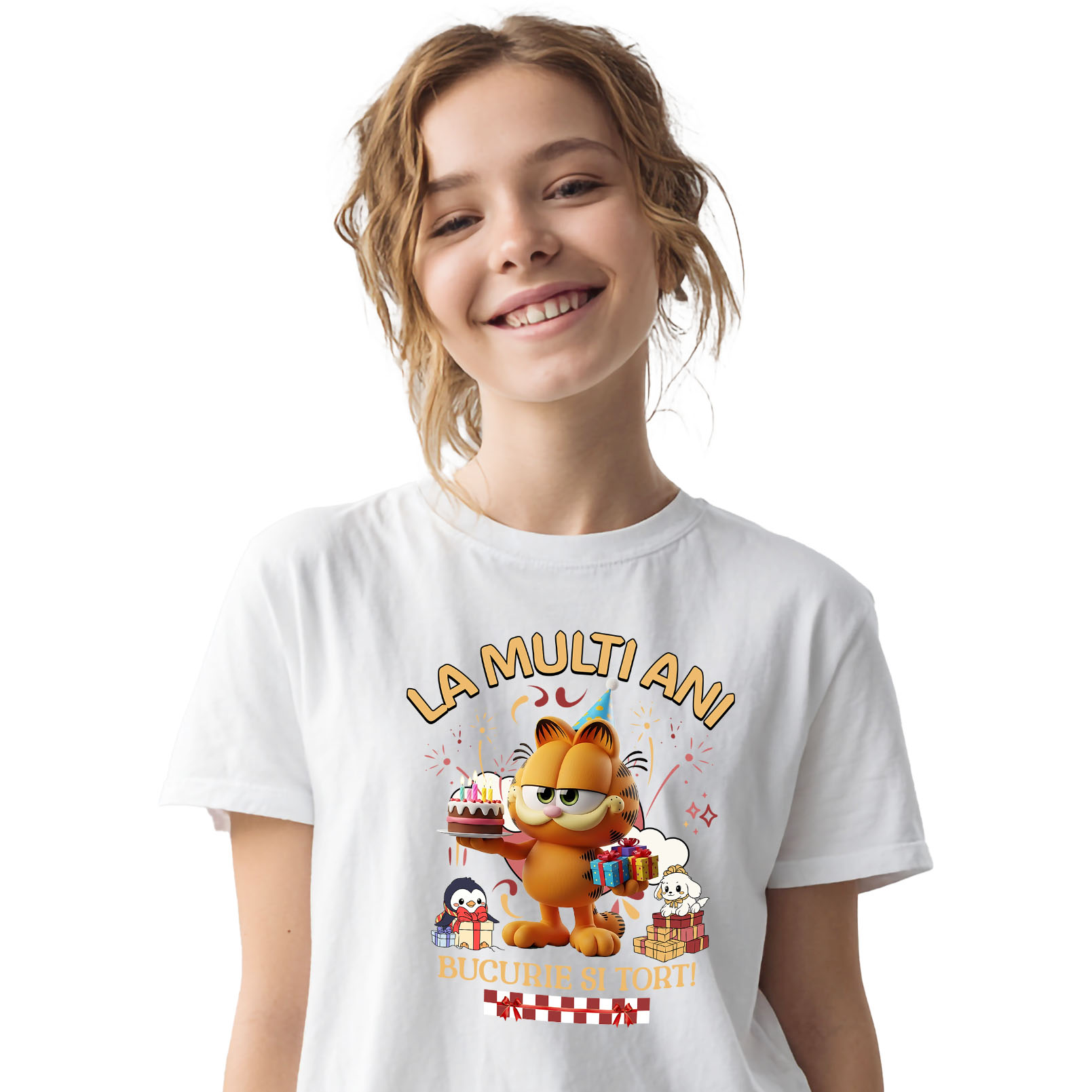 Tricou Copii cu Sarbatorește cu Garfield – Cadouri și Tort pentru Copii 100% Bumbac, Alb, 12 Ani [1]