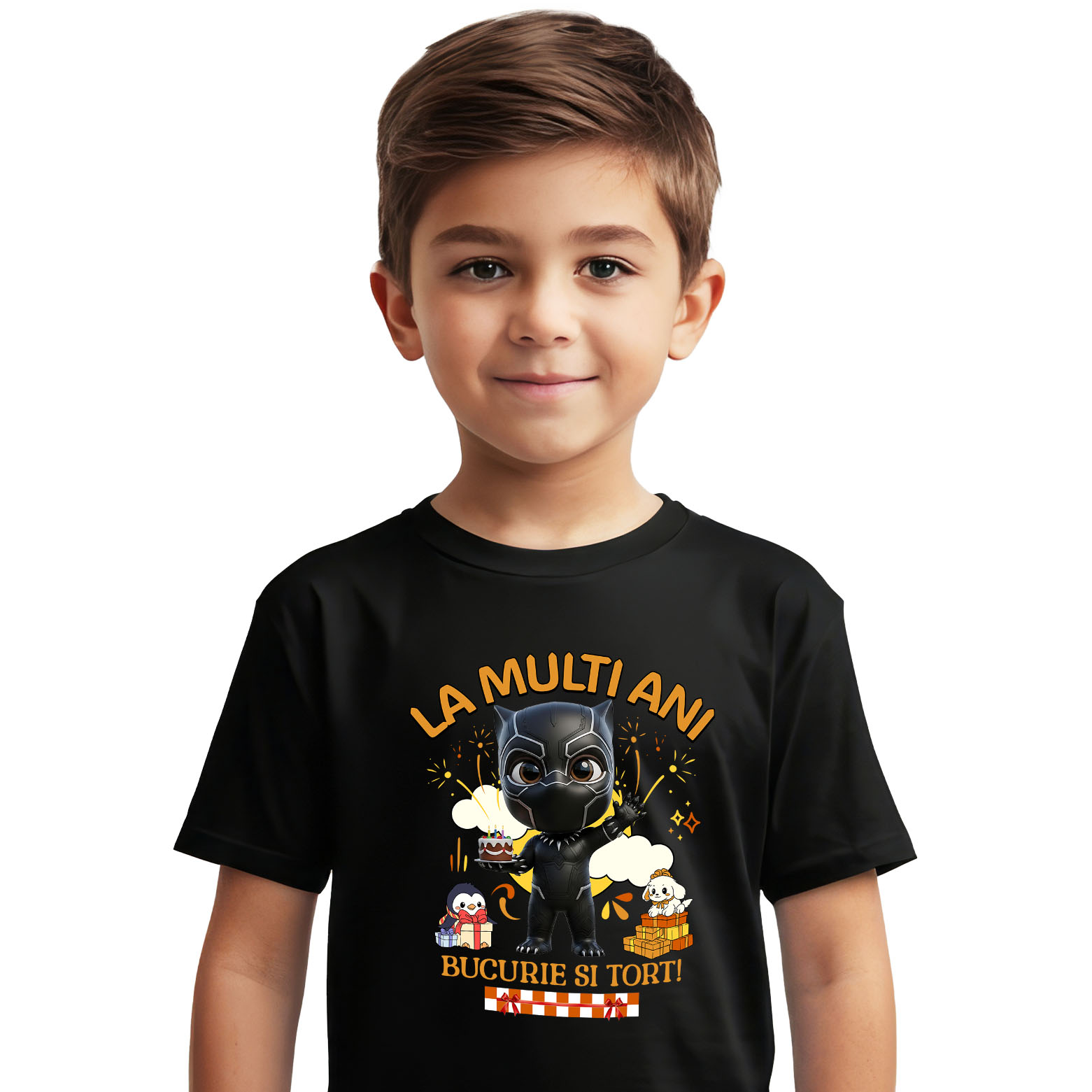 Aniversare - Tricou Copii cu Pantera Neagră – Bucurie, Tort și Cadouri pentru Copii 100% Bumbac, Negru, 12 Ani