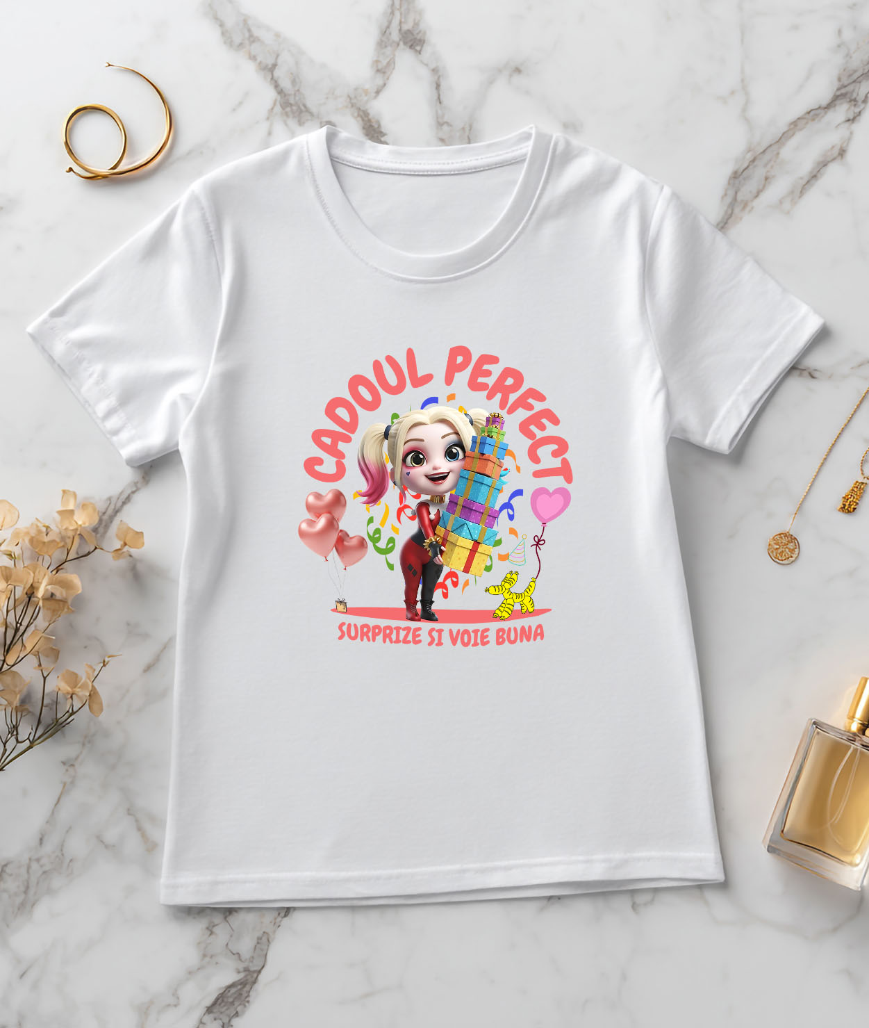 Tricou Femei cu Harley Quinn Aniversare - Cadou cu Inima Nebuna 100% Bumbac, Alb, S [2]