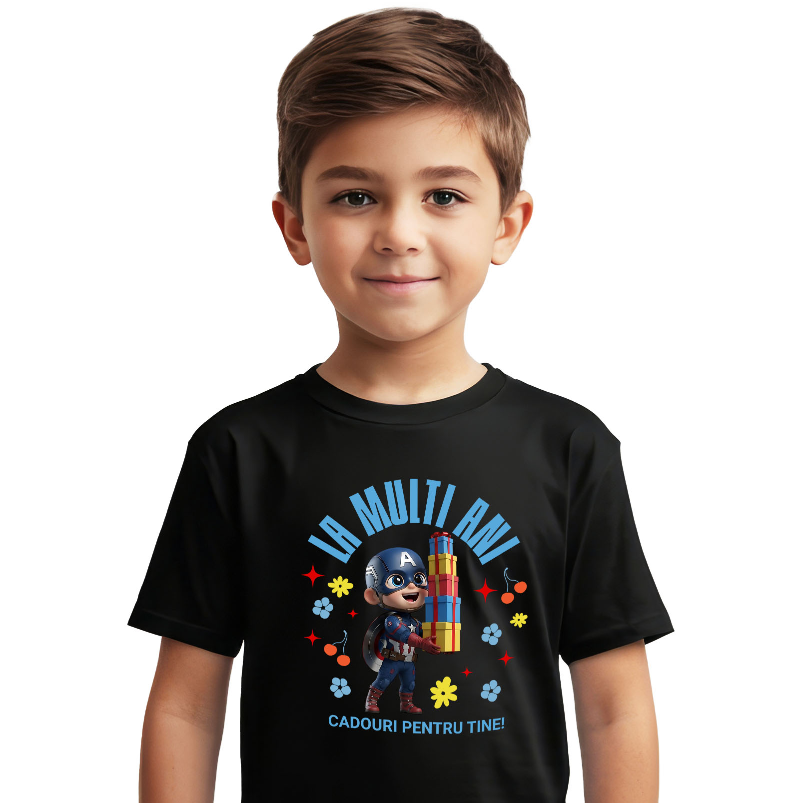 Aniversare - Tricou Copii cu Captain America - Cadouri Care Inspira la Ziua Ta 100% Bumbac, Negru, 6 Ani