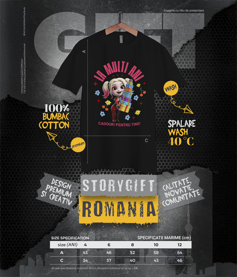 Tricou Copii cu Cadouri Harley Quinn pentru Aniversari si Zile de Nastere 100% Bumbac, Negru, 10 Ani [5]