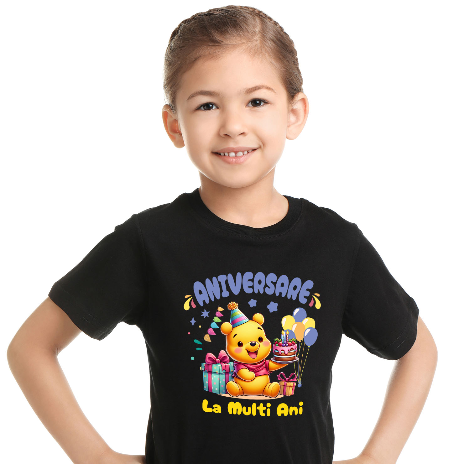 Aniversare - Tricou Copii cu Winnie Aniversare – Cadouri pentru Zambete si Imbratisari 100% Bumbac, Negru, 10 Ani