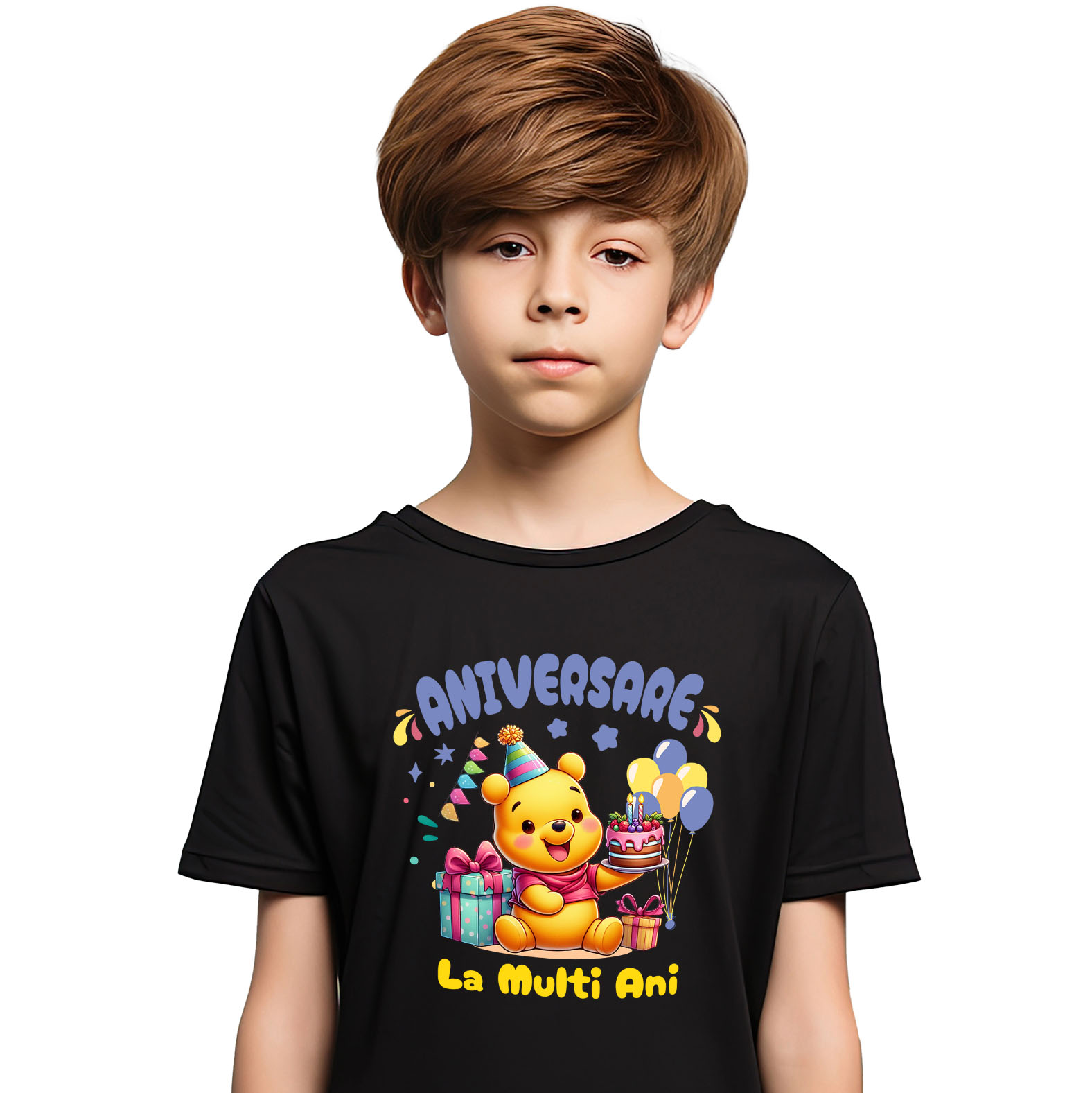 Tricou Copii cu Winnie Aniversare – Cadouri pentru Zambete si Imbratisari 100% Bumbac, Negru, 10 Ani [1]