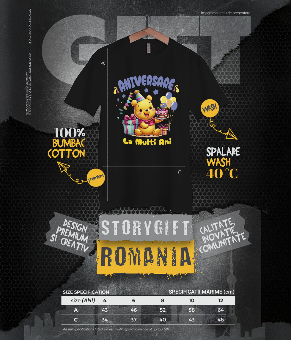 Tricou Copii cu Winnie Aniversare – Cadouri pentru Zambete si Imbratisari 100% Bumbac, Negru, 10 Ani [5]