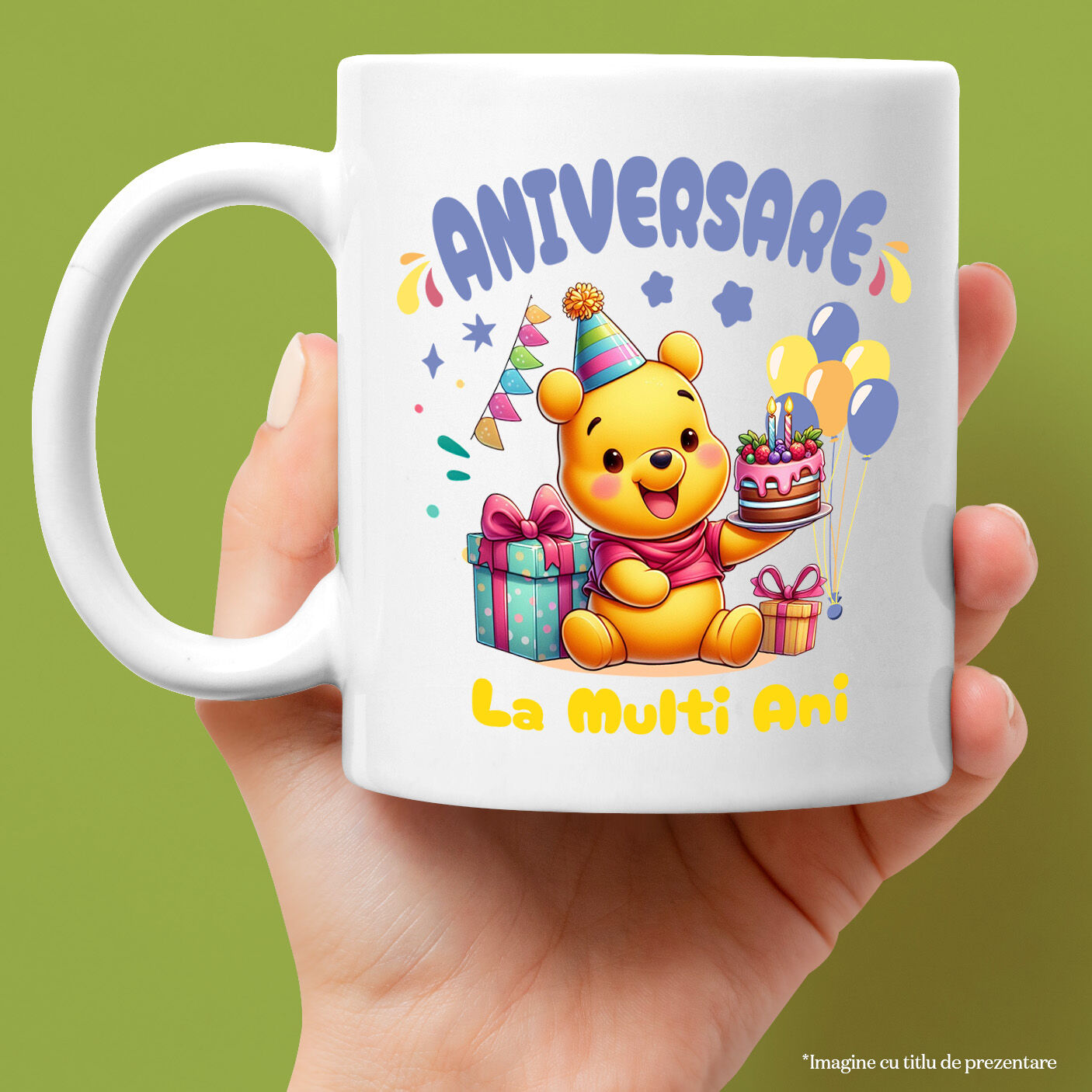 Cana Cu Winnie Aniversare – Cadouri pentru Zambete si Imbratisari Ceramica, 330ML, cu Maner Alb [1]