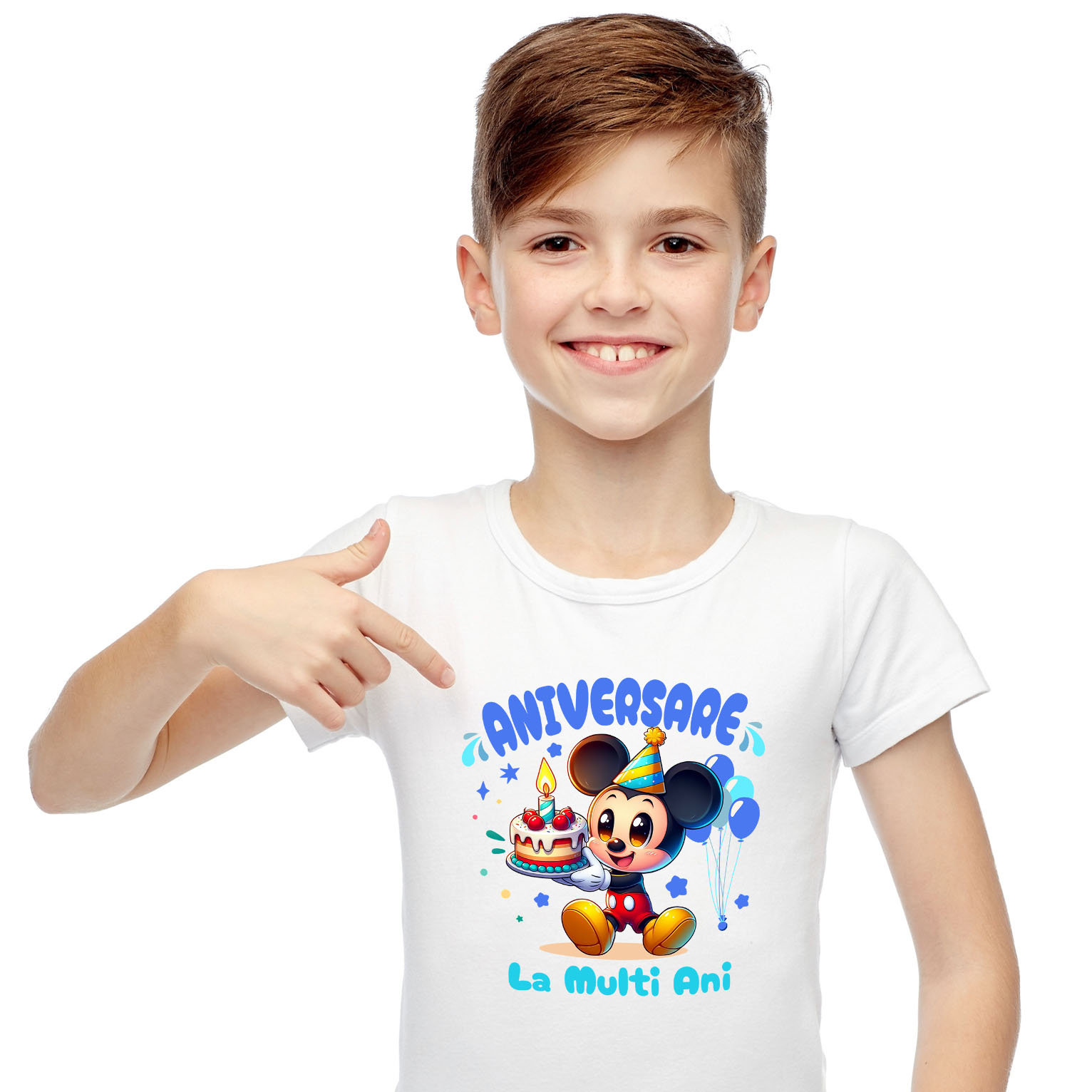 Aniversare - Tricou Copii cu Sarbatoreste cu Mickey – Cadouri Pline de Veselie 100% Bumbac, Alb, 8 Ani