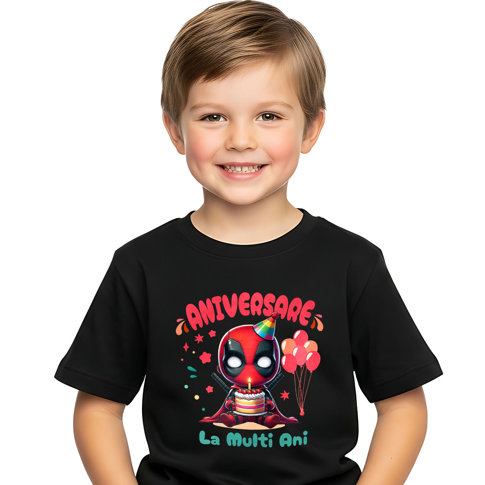 Aniversare - Tricou Copii cu Deadpool Iti Aduca... Probleme la Petrecere 100% Bumbac, Negru, 10 Ani
