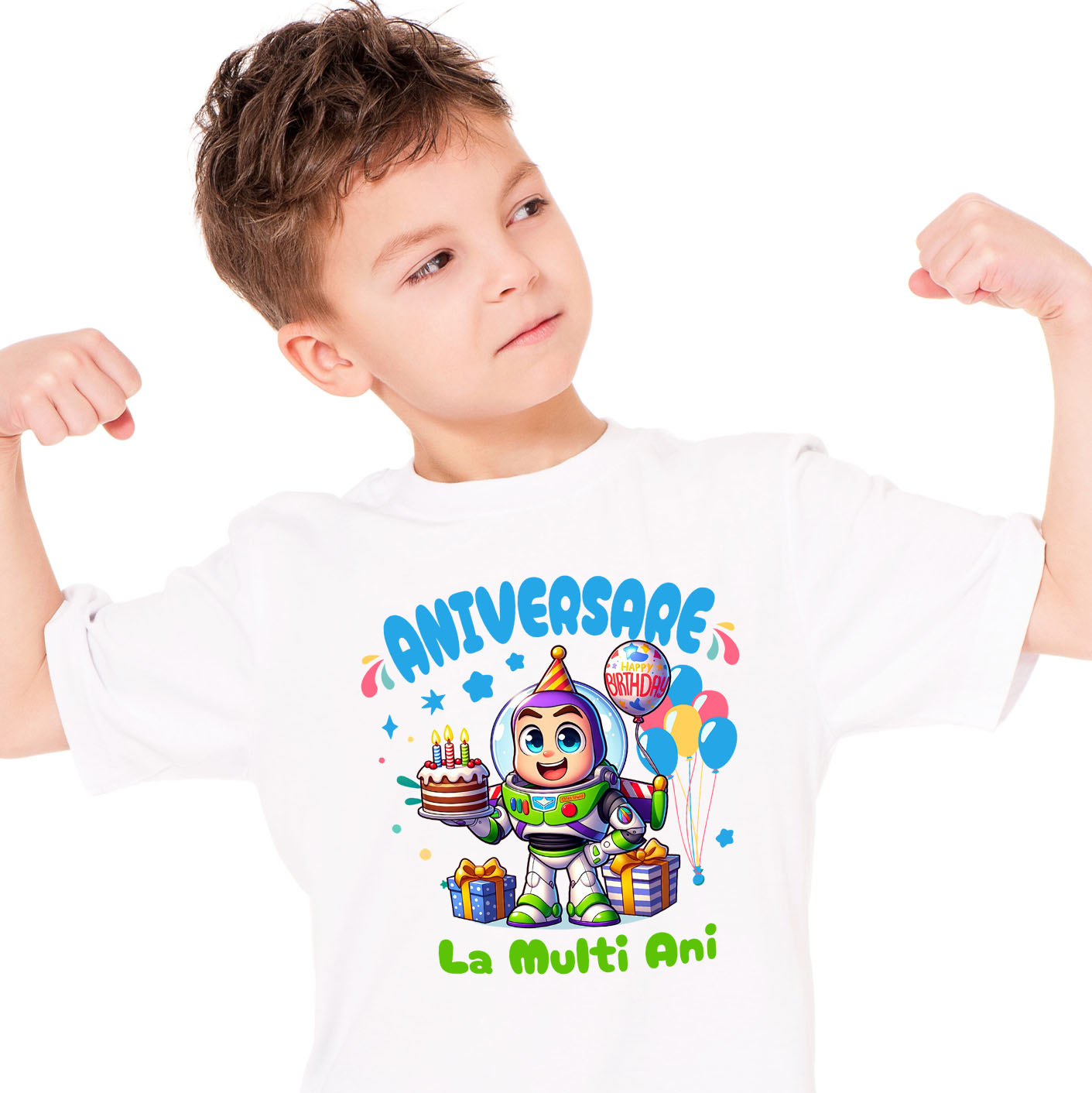 Aniversare - Tricou Copii cu Petrecere cu Buzz Lightyear – Spre Infinit si Dincolo! 100% Bumbac, Alb, 10 Ani