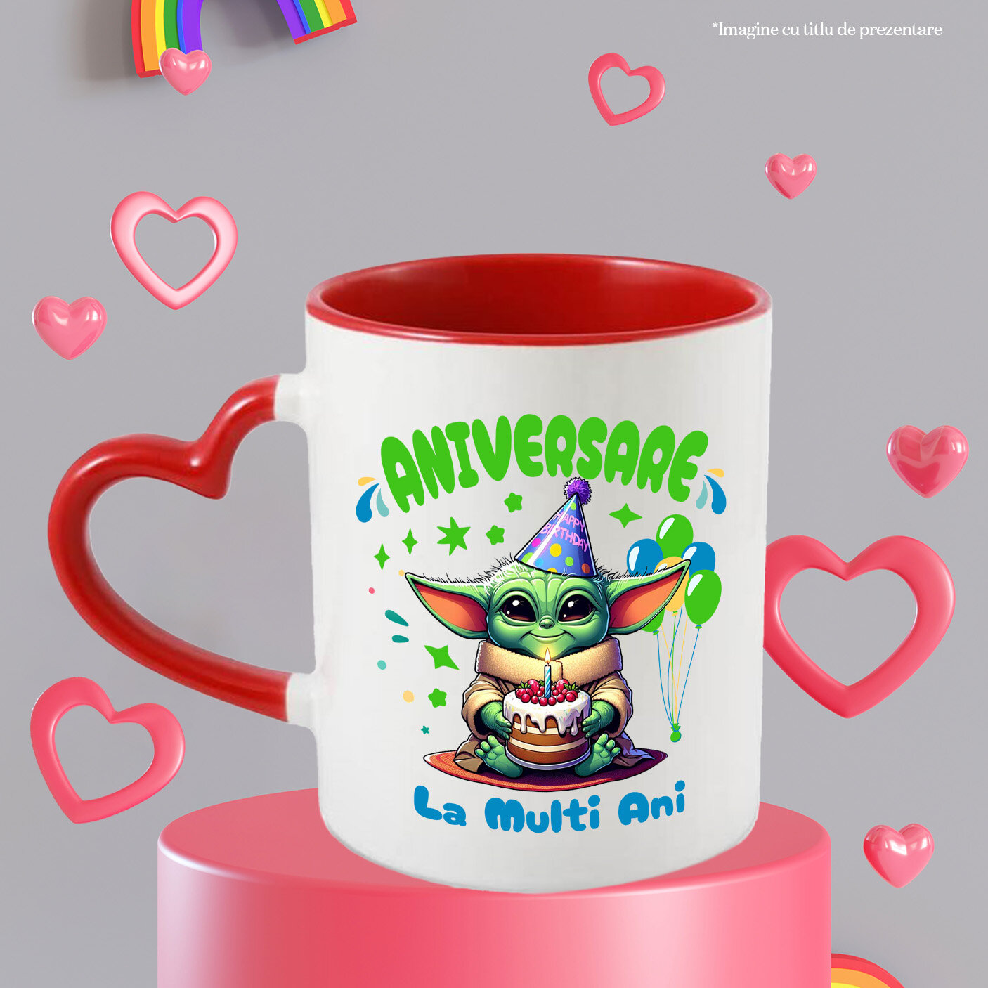 Cana Cu Zi de Nastere Magica cu Baby Yoda Ceramica, 330ML, cu Maner Inima Rosie [2]