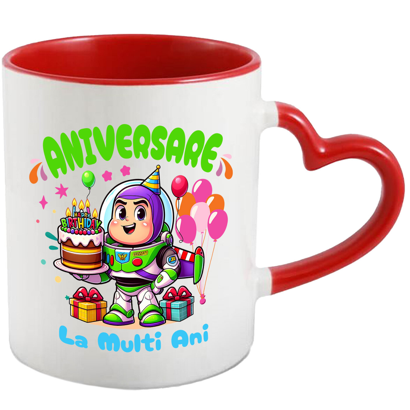 Aniversare - Cana Cu Aniversare Stelara cu Buzz Lightyear Ceramica, 330ML, cu Maner Inima Rosie