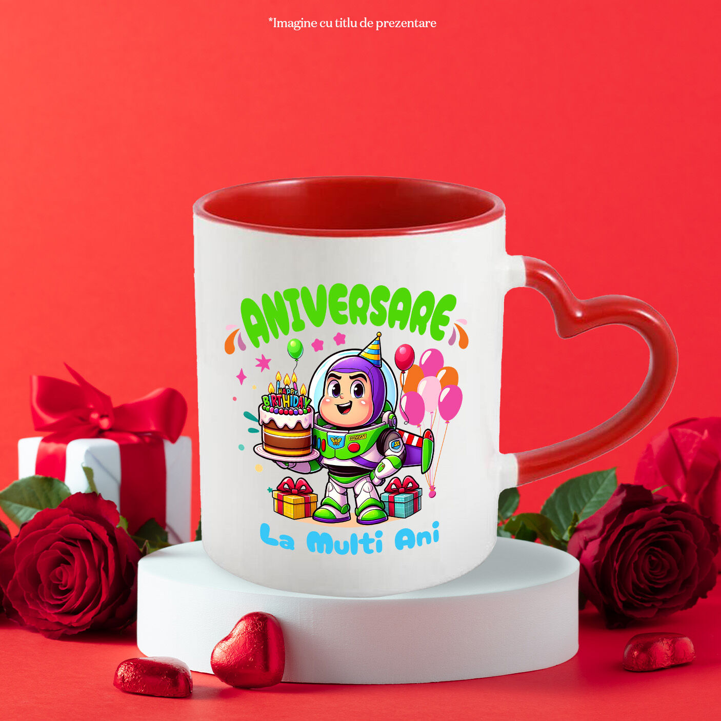 Cana Cu Aniversare Stelara cu Buzz Lightyear Ceramica, 330ML, cu Maner Inima Rosie [2]