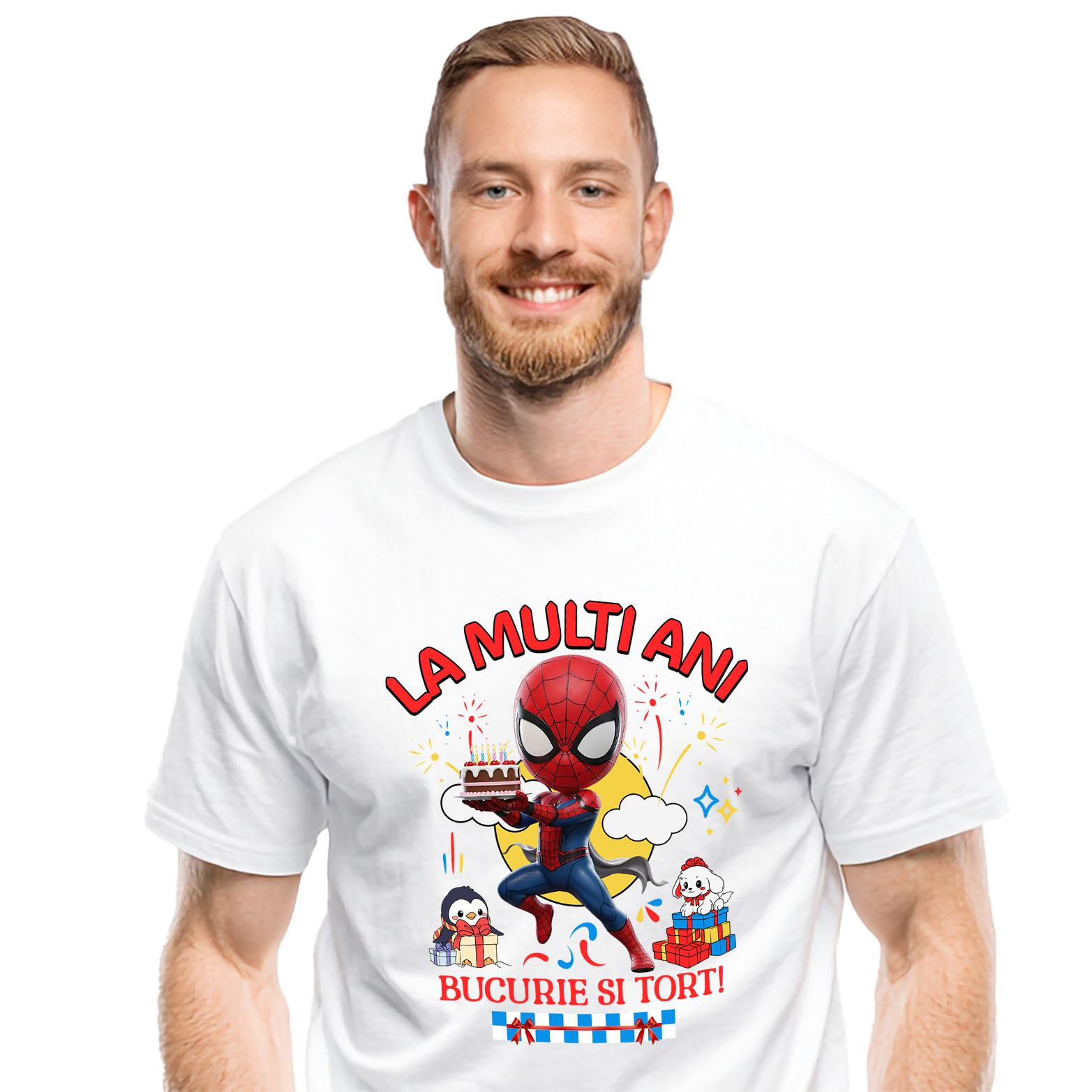 Aniversare - Tricou Barbati cu Cadou Tematic Spiderman pentru Micii Eroi 100% Bumbac, Alb, L