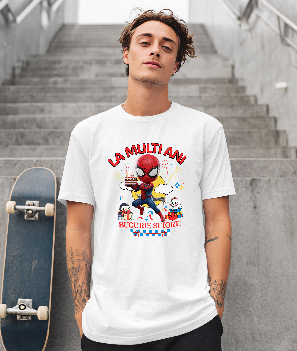 Tricou Barbati cu Cadou Tematic Spiderman pentru Micii Eroi 100% Bumbac, Alb, L [1]