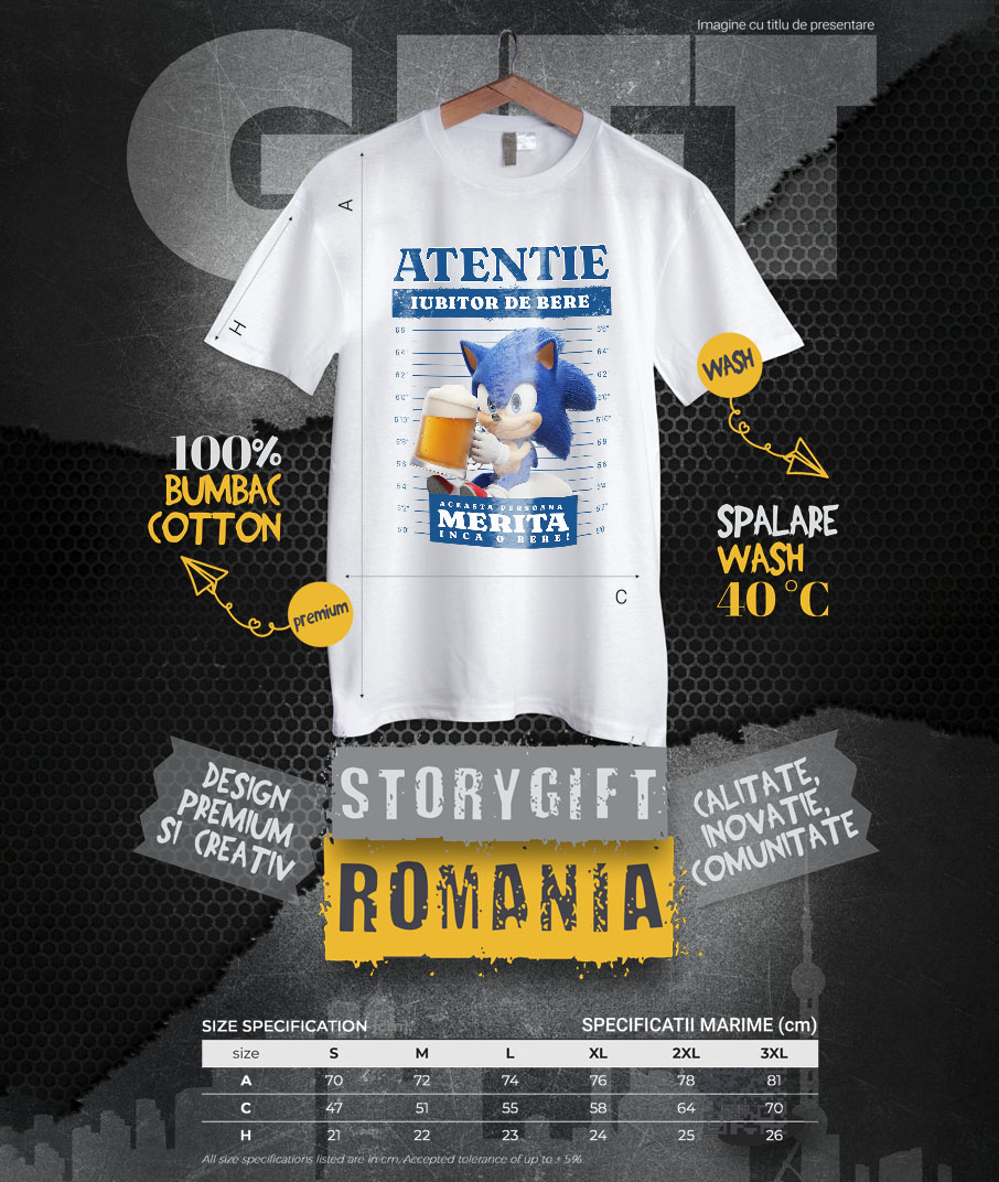 Tricou Barbati cu Cadou Sonic si Bere – Super Rapid si Distractiv 100% Bumbac, Alb, S [3]