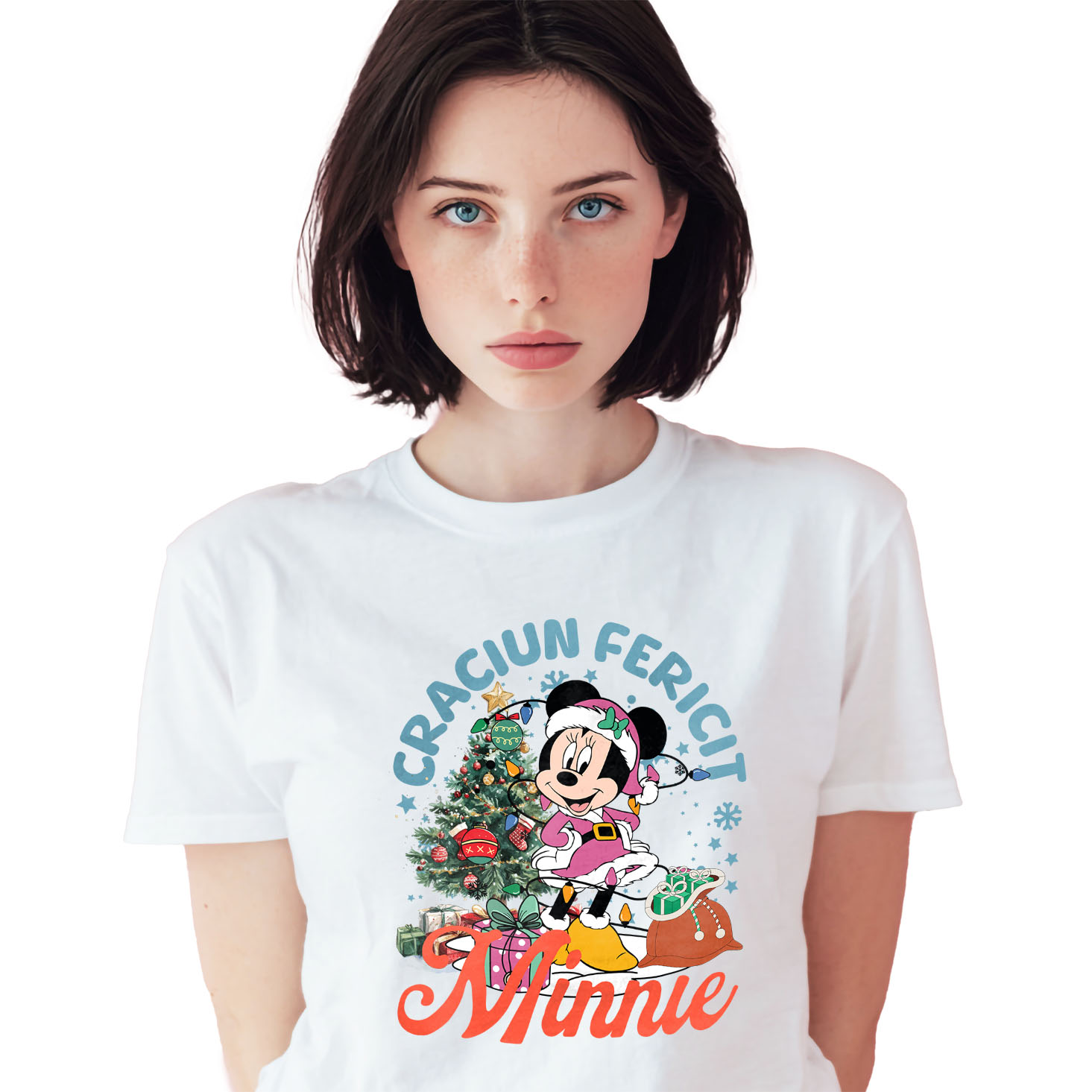 Craciun - Tricou Femei cu Mickey Mouse Sarbatori Disney 100% Bumbac, Alb, M