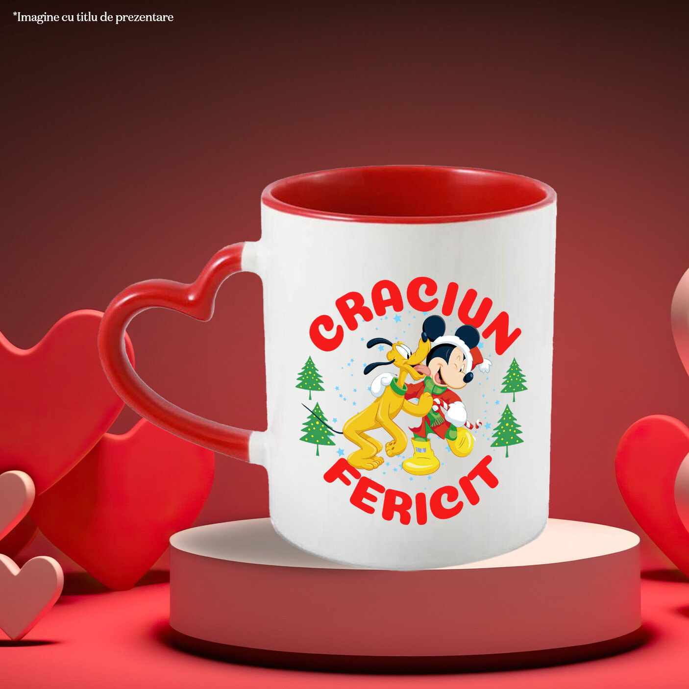 Cana Cu Univers Disney cu Mickey Mouse si Pluto de Craciun Ceramica, 330ML, cu Maner Inima Rosie [2]